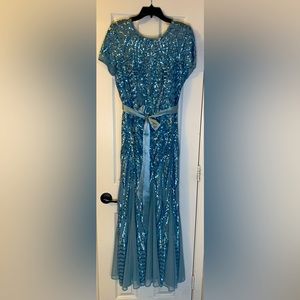 R&M Richards Maxi Dress with Embellishment and Satin Waist Tie in Aqua